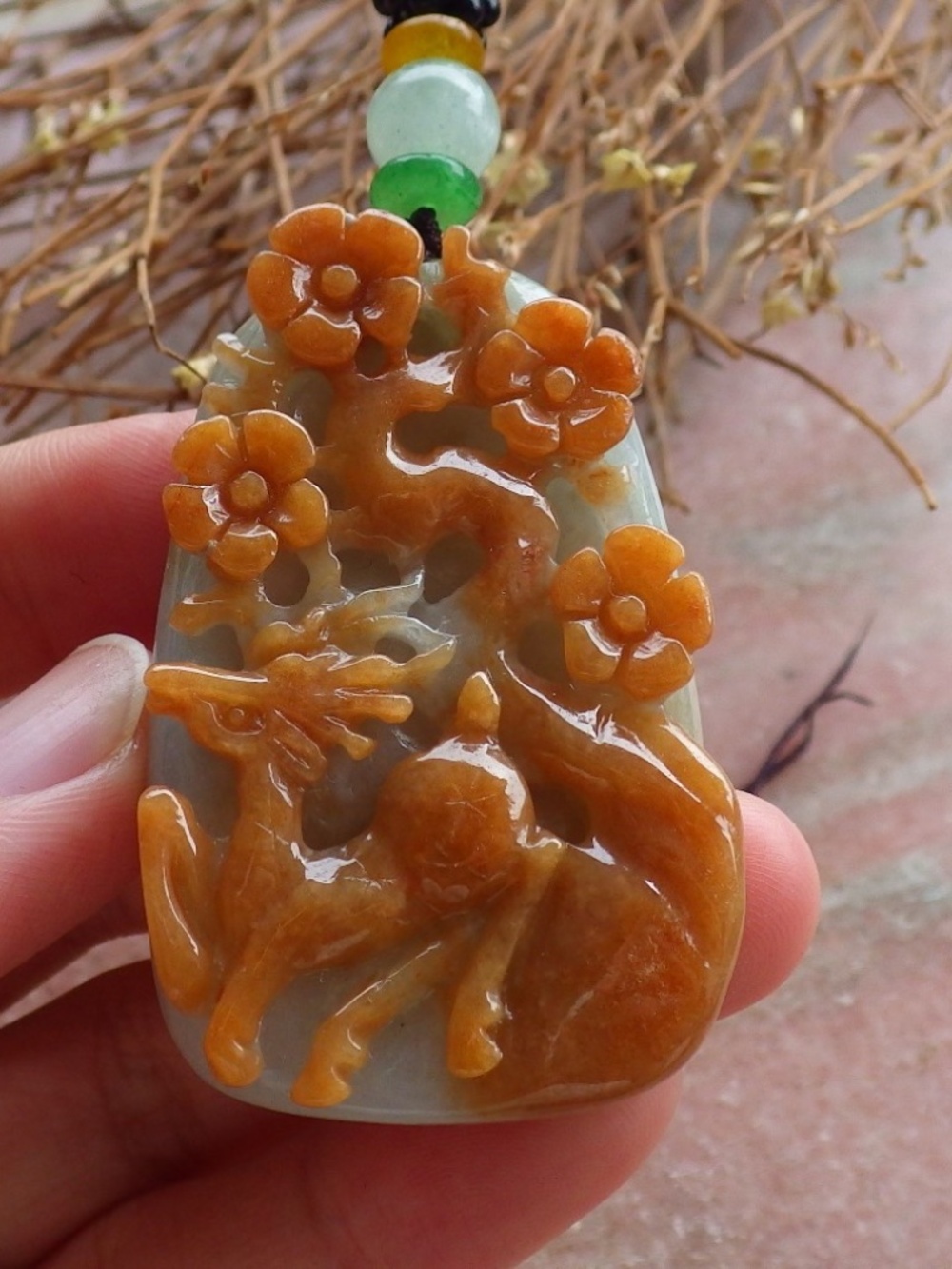 Certified Hand Carved Red Green Natural Burma A Jade Jadeite Deer Flower Pendant